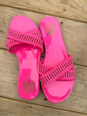 Vince Camuto Neon Pink Braided Stud Slide Sandals